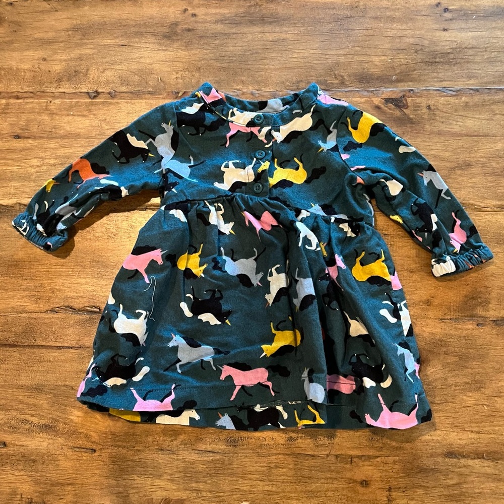 Hanna Andersson Teal Unicorns button flannel dress 6-12m